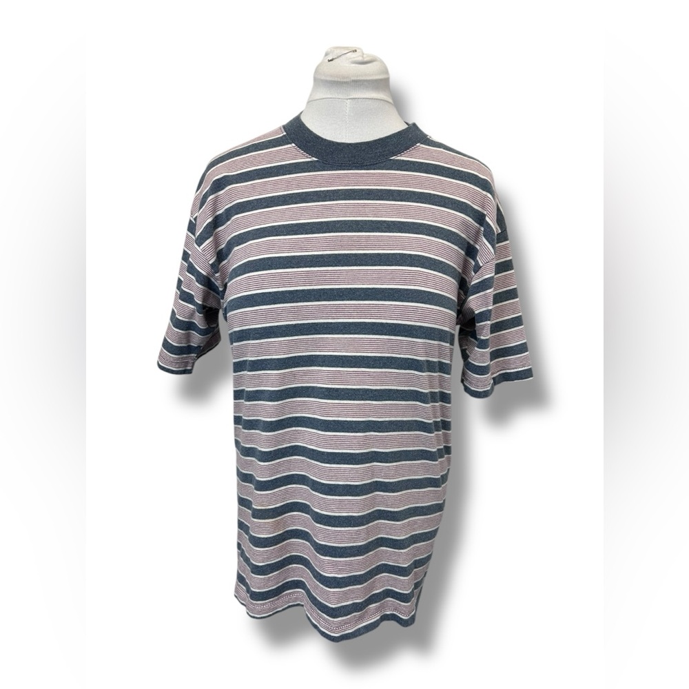 Basic Editions Vintage 90s Single Stitch Mens Short Sleeve Crewneck Striped Tee
